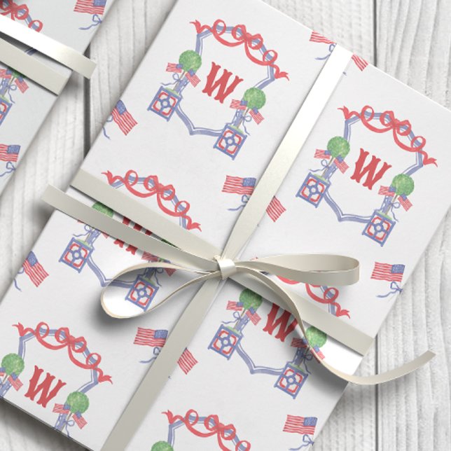Patriotic American Flagga Topiary Monogram Vapensk Presentpapper (Skapare uppladdad)