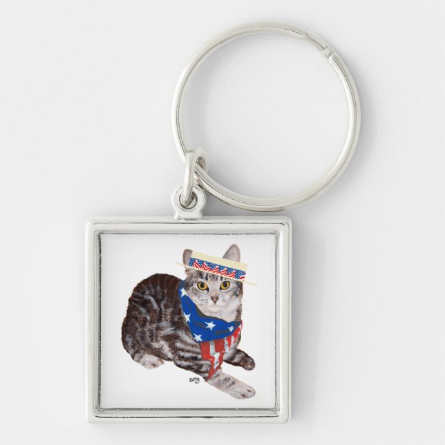 Patriotic American Shorthair Tabby katt Fyrkantig Silverfärgad Nyckelring (Framsidan)