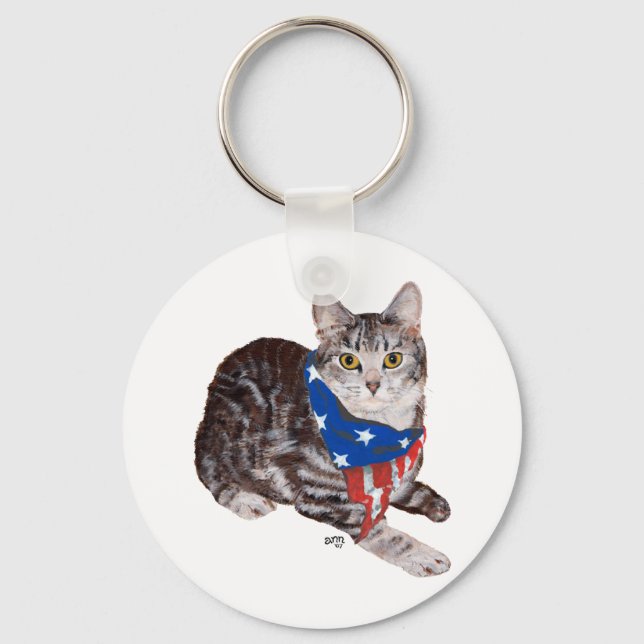 Patriotic American Shorthair Tabby katt Nyckelring (Framsida)