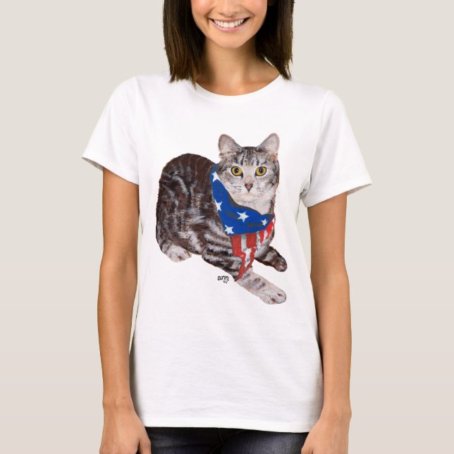 Patriotic American Shorthair Tabby katt Tee Shirt (Framsida)
