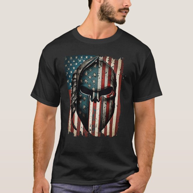 Patriotic American Spartan Themed USA Flag Nationa T Shirt (Framsida)