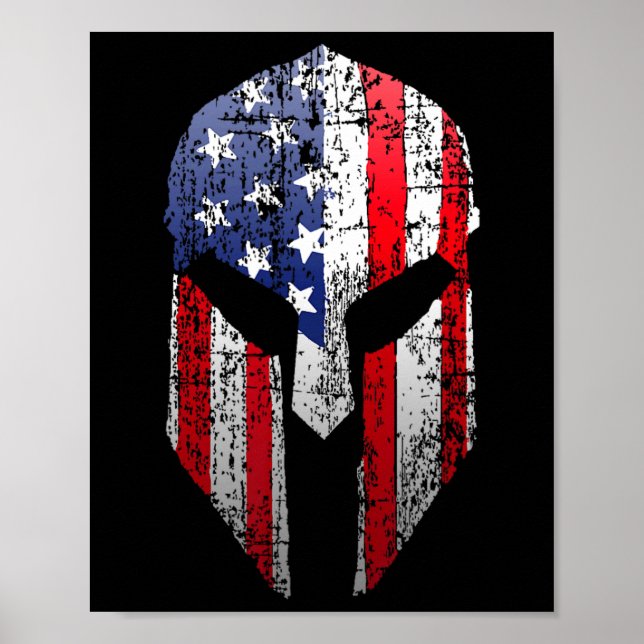 Patriotic American Spartan Warrior Usa Flag Helmet Poster (Framsidan)