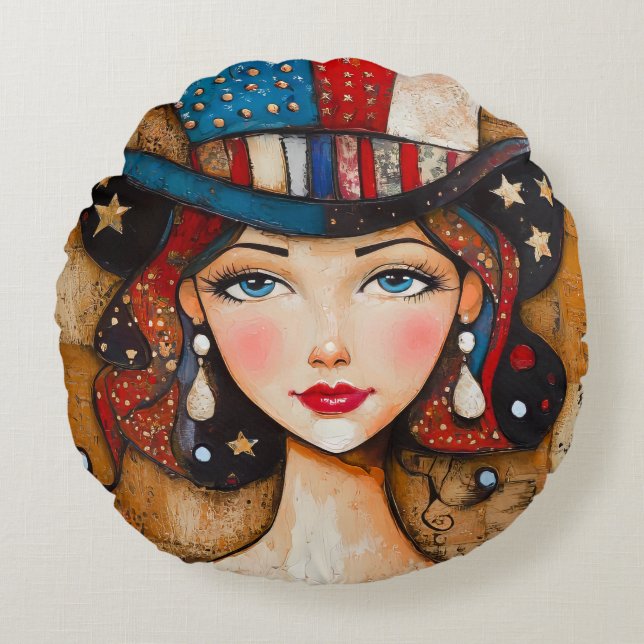 Patriotic American Woman Rund Kudde (Framsidan)