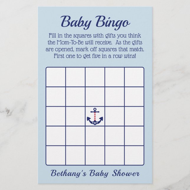 Patriotic Anchor Boy Shower Bingo Game Flygblad (Framsidan)