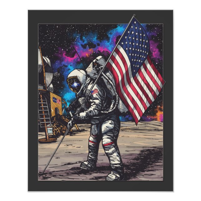 Patriotic Astronaut With American Flag Fototryck (Framsidan)