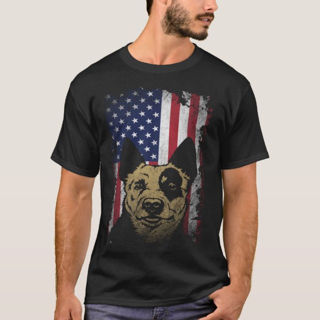 Patriotic Australian Cattle American Flagga Hund T Shirt (Framsida)