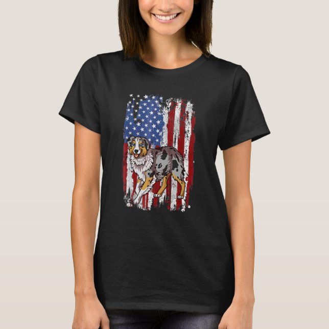 Patriotic Australian shepherd American Flagga 4:e T Shirt (Framsida)