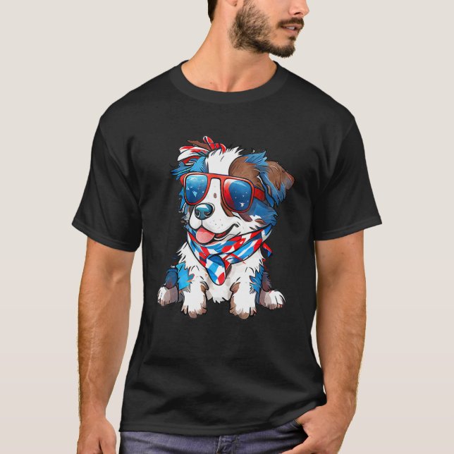 Patriotic Australian Shepherd Dog USA Flag 4th of  T Shirt (Framsida)