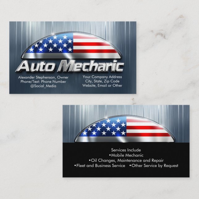 Patriotic Auto Mechanic Metall American Flagga Car Visitkort (Fram/baksida)