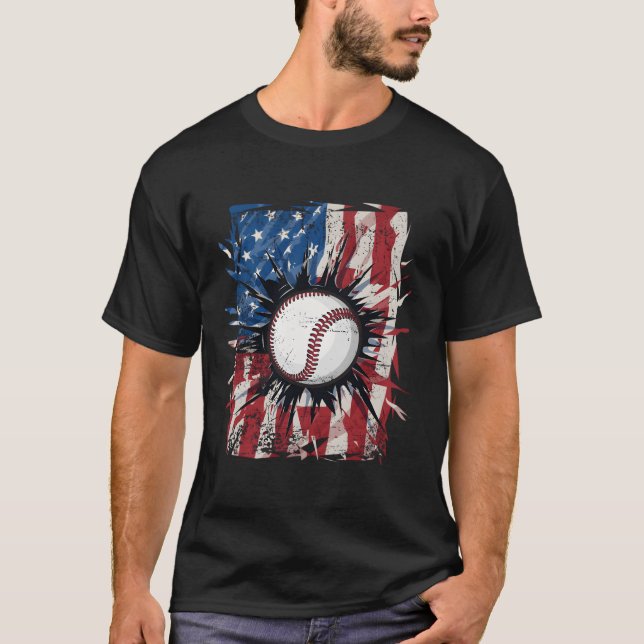 Patriotic Baseball 4:e juli USA amerikanska Flagga T Shirt (Framsida)