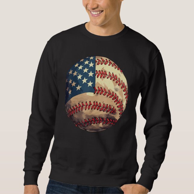 Patriotic Baseball 4th Of July USA American Flag Lång Ärmad Tröja (Framsida)