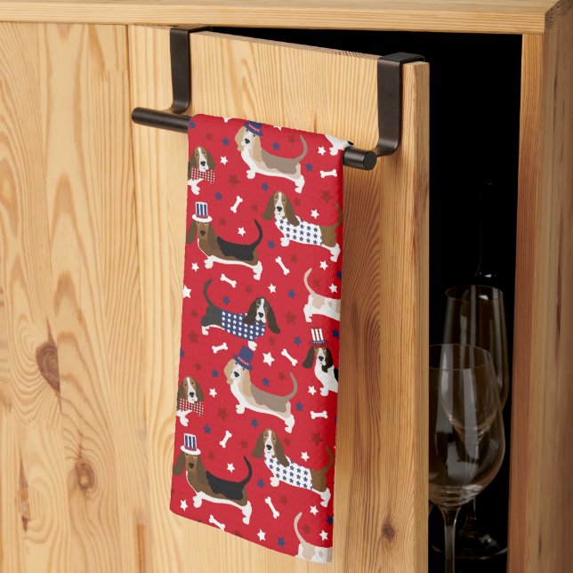 Patriotic Basset Hound Kitchen Towel Kökshandduk (Thirds Fold)