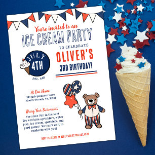 Patriotic Bear Ice Cream Party Birthday Inbjudningar