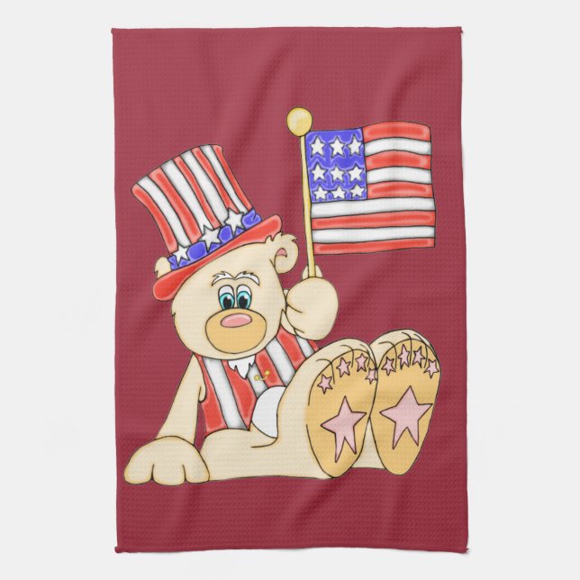 Patriotic Bear med Flagga Kitchen Towel Kökshandduk (Vertikal)
