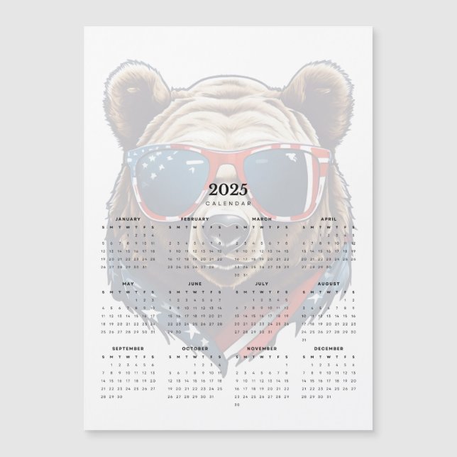 Patriotic Bear Rött vitt blått 2025 Magnet Calenda (Framsida)