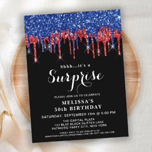 Patriotic Birthday Elegant Red Blue Glitter Drives Vykort