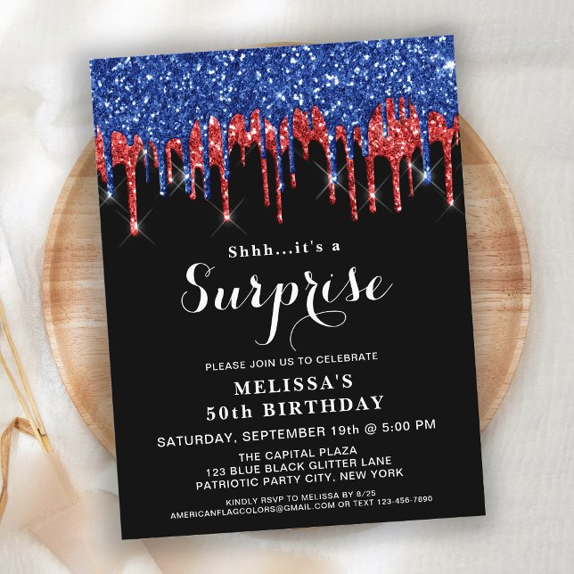 Patriotic Birthday Elegant Red Blue Glitter Drives Vykort (Skapare uppladdad)