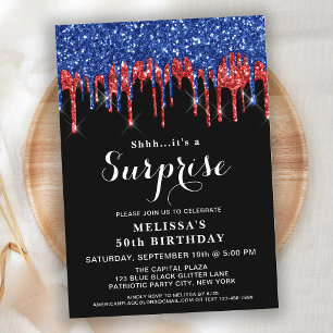 Patriotic Birthday Red Blue Glitter Surprise Party Inbjudningar