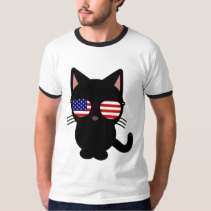 Patriotic Black Cat Funny T-shirts, solglasögon T Shirt