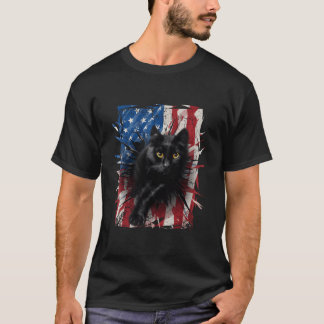 Patriotic Black Cat Torn American Flagga 4:e juli T Shirt