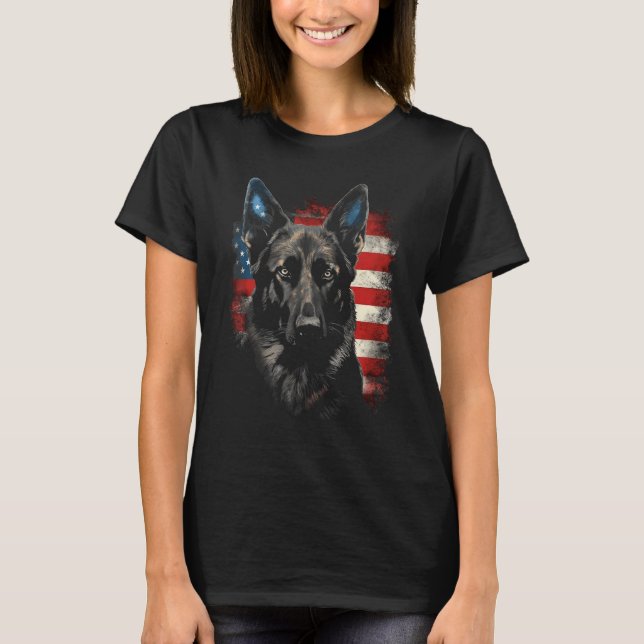 Patriotic Black German Shepherd American Flag Dog  T Shirt (Framsida)