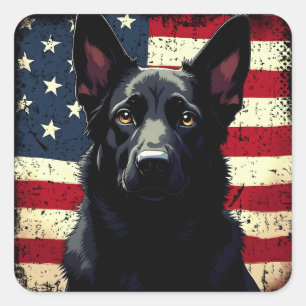 Patriotic Black German Shepherd USA American Flagg Fyrkantigt Klistermärke