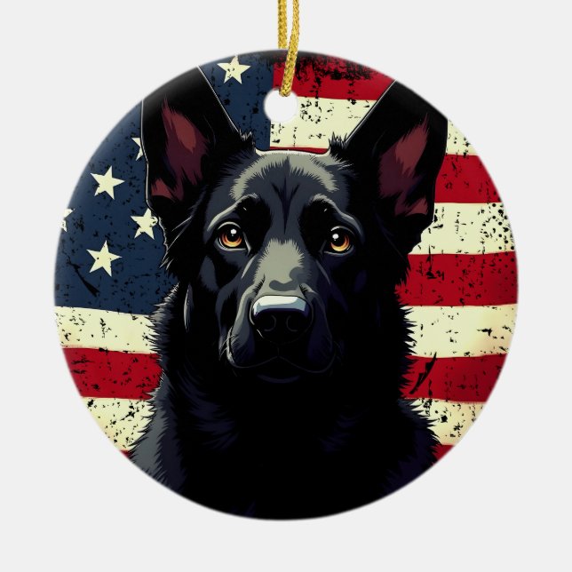 Patriotic Black German Shepherd USA American Flagg Julgransprydnad Keramik (Framsidan)