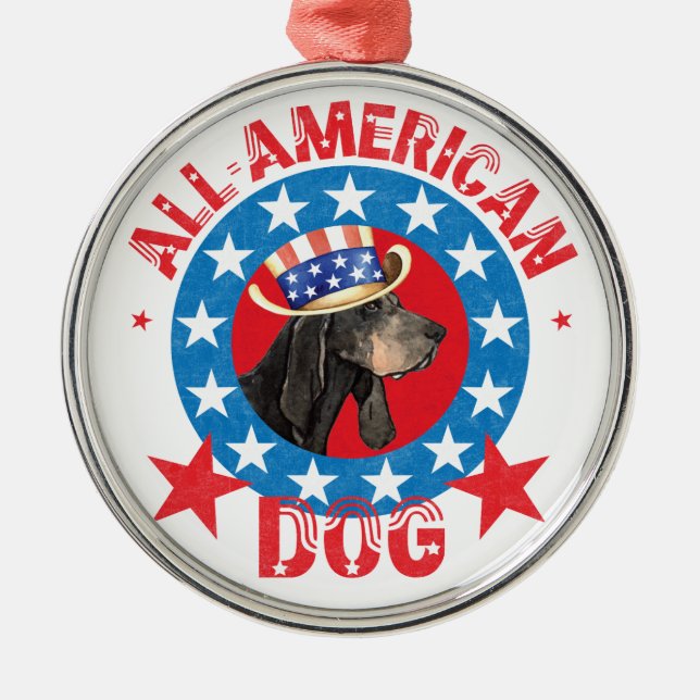 Patriotic Black och Tan Coonhound Julgransprydnad Metall (Framsidan)