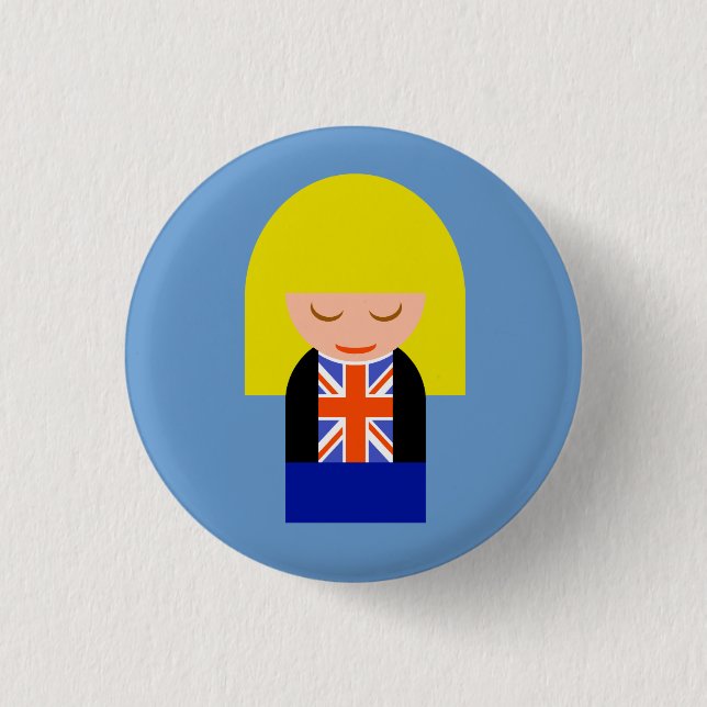 Patriotic Blonde Girl i Union Jack Flagga Knapp (Framsida)