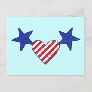 Patriotic Blue Stars Red and White Rand Heart Vykort