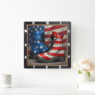 Patriotic Boots American Flagga Fyrkantig Klocka