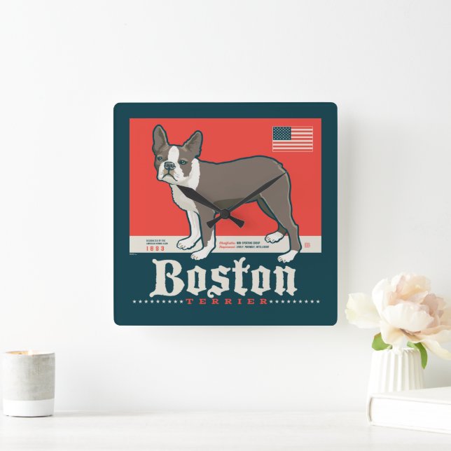 Patriotic | Boston Terrier Fyrkantig Klocka (Hem)