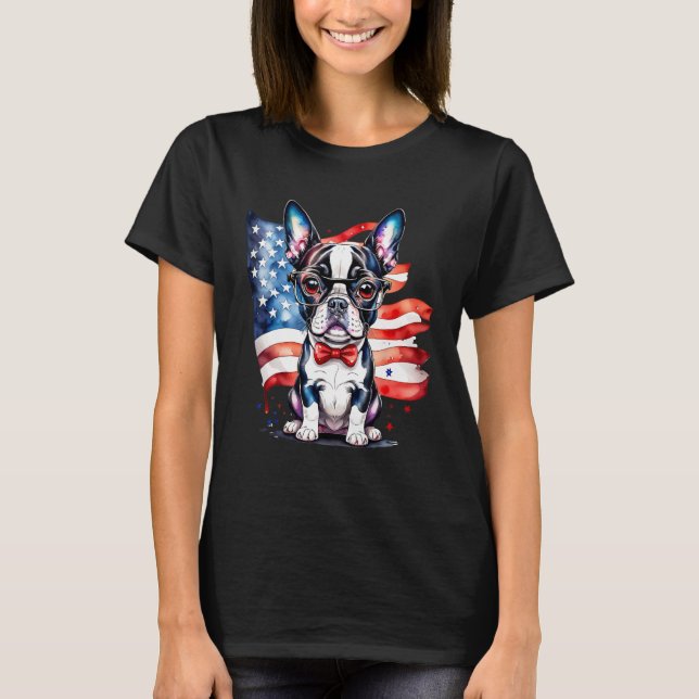 Patriotic Boston Terrier Puppy American Flag USA 2 T Shirt (Framsida)