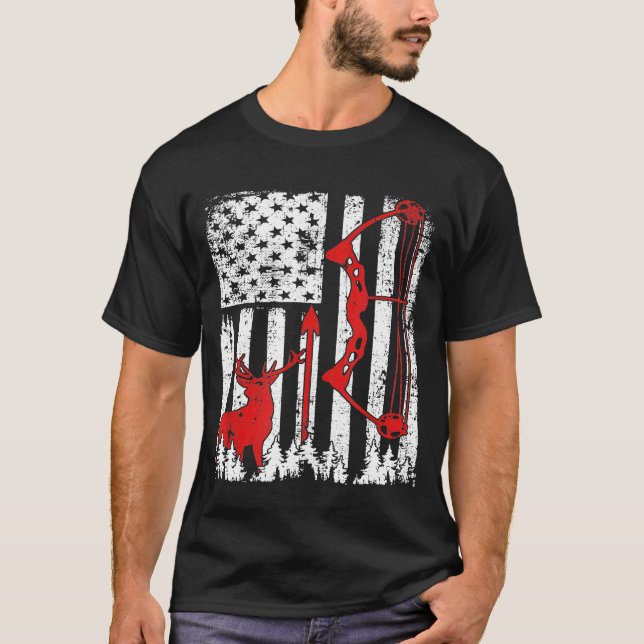 Patriotic Bow Hunting Hjort Hunter Flagga American T Shirt (Framsida)