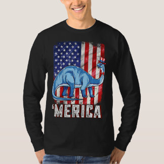 Patriotic Brontosaurus Merica Usa American Flagga  T Shirt