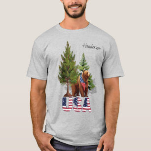 Patriotic Brown Bear i Gräs Träd Amerikanska Flagg T Shirt