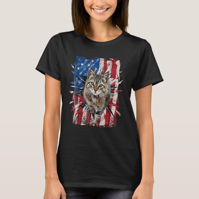 Patriotic Brown Cat Torn American Flag 4th Of July T Shirt (Framsida)