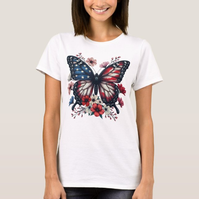 Patriotic Butterfly 4:e juli Blommigt USA flagga T Shirt (Framsida)