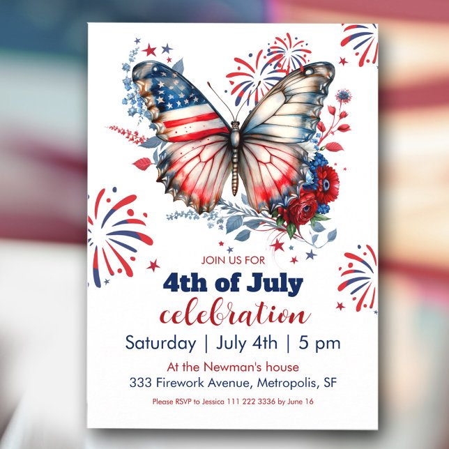Patriotic Butterfly & Fireworks 4:e juli Party Inbjudningar (Patriotic Butterfly & Fireworks 4th of July Party Invitation)