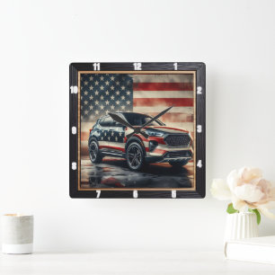 Patriotic Car American Flagga Fyrkantig Klocka