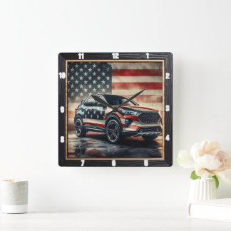 Patriotic Car American Flagga Fyrkantig Klocka