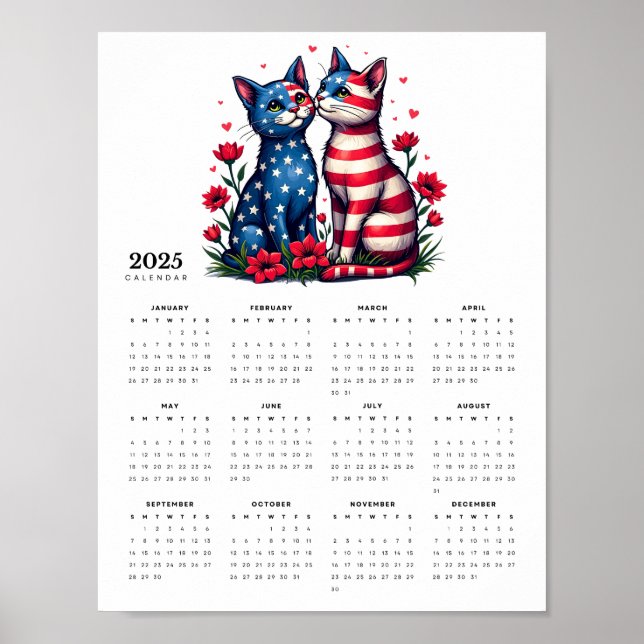 Patriotic Cat Couple i Kärlek 2025 Calendar Poster (Framsidan)