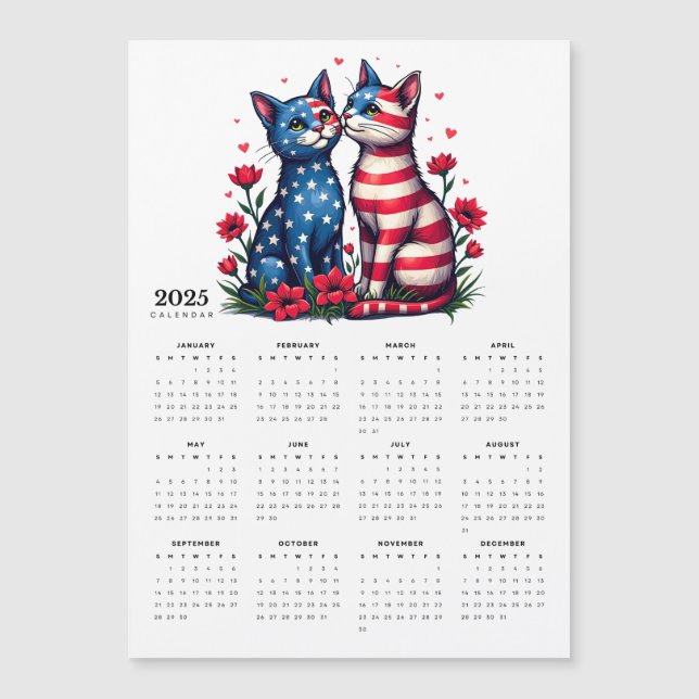 Patriotic Cat Couple i Kärlek 2025 Magnet Calendar (Framsida)