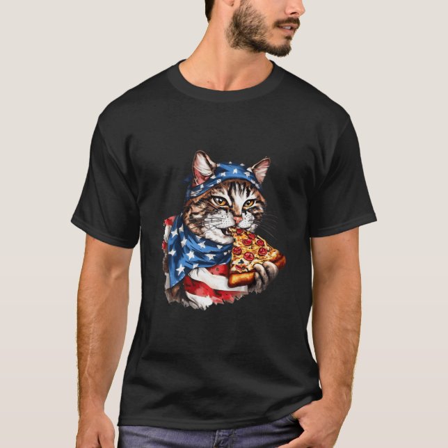 Patriotic Cat Eats Pizza 4Th Of July American Flag T Shirt (Framsida)