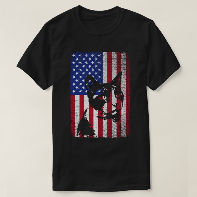 Patriotic Cat Lover 4:e juli Amerikanska Flagga T Shirt (Design framsida)
