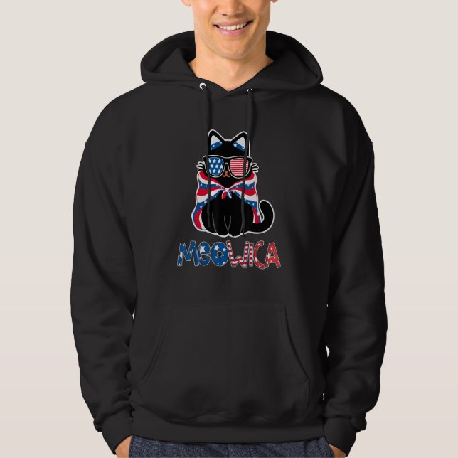 Patriotic Cat Meowica Sunglasses 4th of July Funny Hoodie (Framsida)