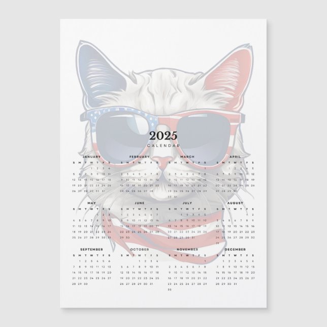 Patriotic Cat Rött vitt blått 2025 Magnet Calendar (Framsida)