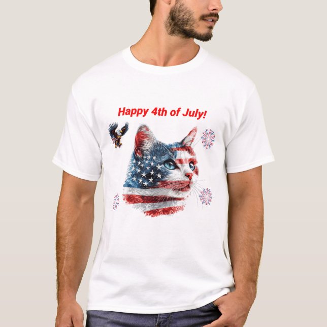 Patriotic Cat T-Shirt, American Flagga Kattunge Te T Shirt (Framsida)