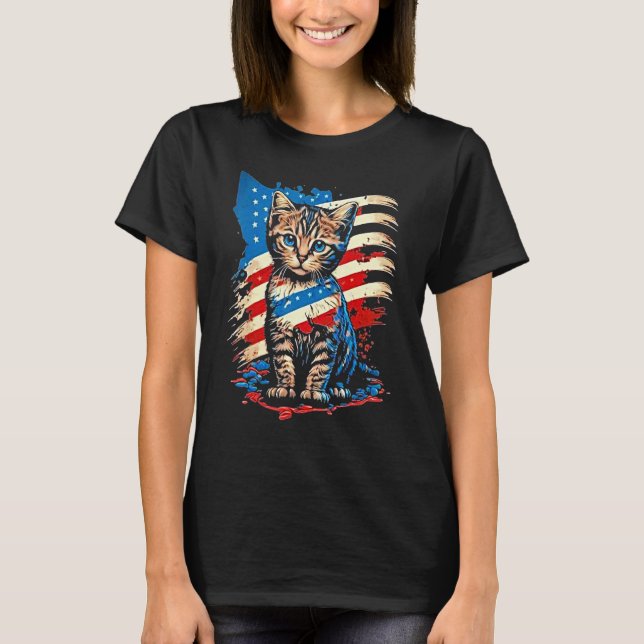 Patriotic Cat USA Flag For Man Woman T Shirt (Framsida)