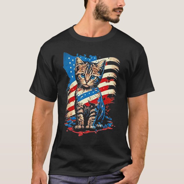 Patriotic Cat USA Flag For Man Woman T Shirt (Framsida)